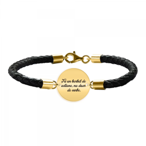 Bratara argint banut 16 mm si piele impletita - personalizata cu text - placat cu aur galben de 24 karate